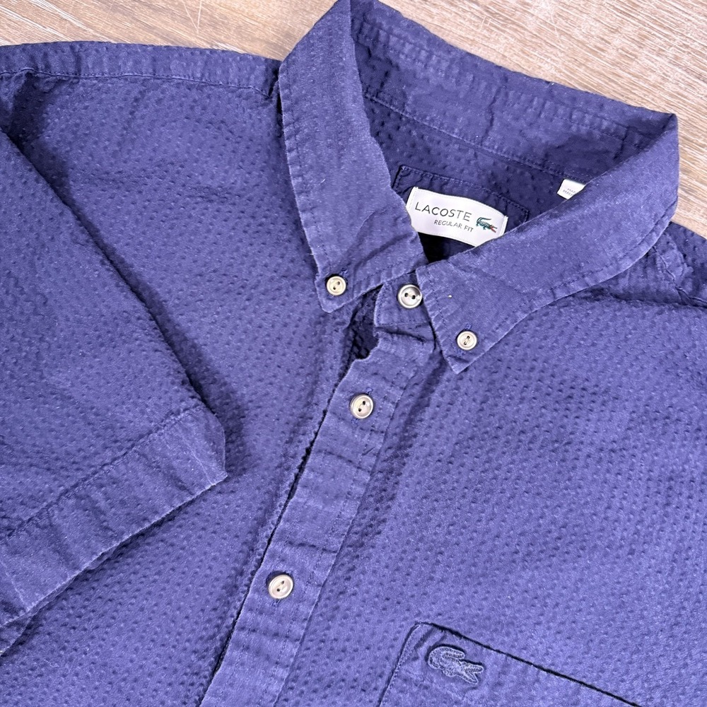 Lacoste Mens Seersucker Shirt XL Blue Linen Blend Button Down Summer Preppy